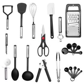 23Pcs Kitchen Utensil Set Stainless Steel Nylon Heat Resistant Cooking Utensil Tool Kit w/ Grater Scraper Tongs Whisk Can Bottle Opener Pizza Cutter V